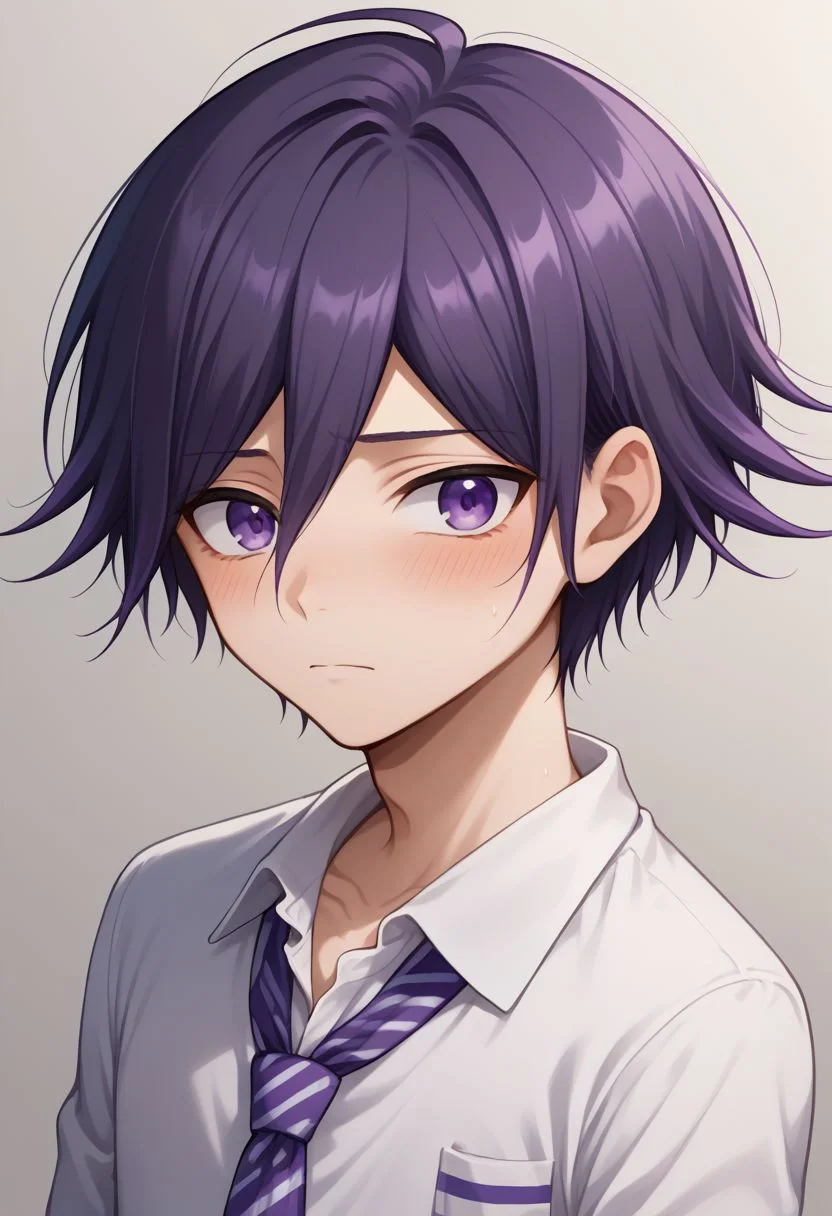 score_9, score_8_up, source_anime, highly detailed, 1boy, solo, skinny, cute, short,
kokichi, male focus, 1boy, solo,  purple eyes, bangs, purple hair, upper body, school uniform, gakuran, shy,
indoor,
