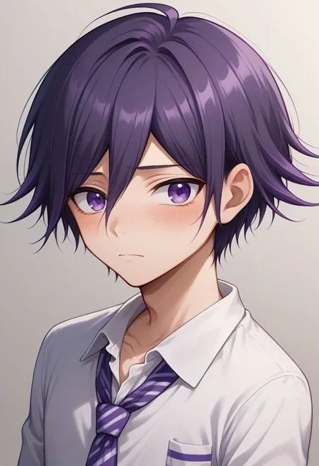 score_9, score_8_up, source_anime, highly detailed, 1boy, solo, skinny, cute, short,
kokichi, male focus, 1boy, solo, purple eyes, bangs, purple hair, upper body, school uniform, gakuran, shy,
indoor,
