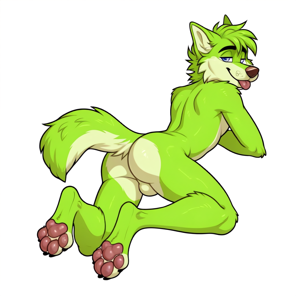 solo, mammal, pawpads, anthro, fur, green fur, paws, hi res, butt, blue eyes, looking at viewer, simple background, canid, male, canine, green body, lying, white background, nude, smile, feet, tuft, toes, digital media, 4 toes, narrowed eyes, tongue, canis, absurd res, fluffy, on front, facial tuft, cheek tuft, hair, hindpaw, markings