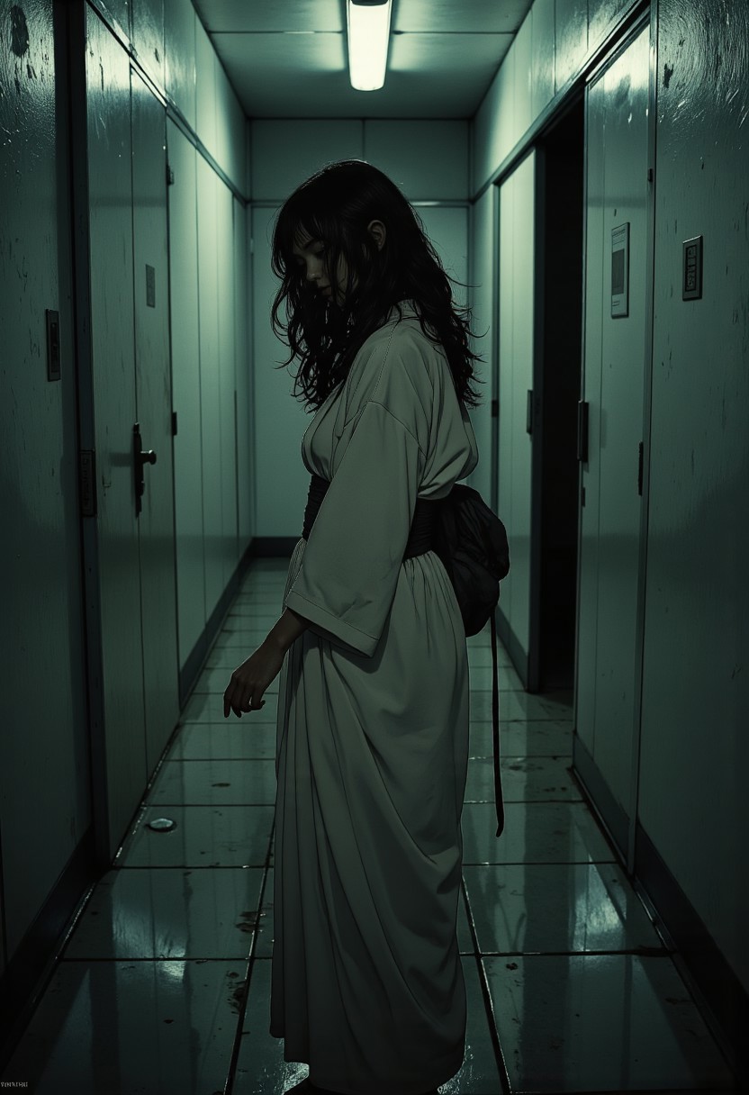 Japanese horror with a minimalist yet deeply unsettling aesthetic, inspired by classic J-horror cinematography. A muted color palette of pale whites, deep blacks, and desaturated blues, with stark lighting that creates an eerie contrast.
 A mid-shot from a slightly high angle, emphasizing an unsettling perspective a lone woman stands in the middle of a narrow, dimly lit hallway, her figure partially silhouetted against a faint, flickering light. The hallway stretches unnaturally long behind her, fading into an abyss of shadows.
She wears a simple, loose white yukata, the fabric slightly damp as if touched by morning mist. Her long, jet-black hair clings unnaturally to her shoulders, strands curling upward as if reaching. Her face is half-hidden behind her hair, but her mouth is visible lips slightly parted, revealing an unnatural stillness, as if frozen mid-whisper.
The hallway is unsettlingly clean, sterile even, yet something feels off the walls seem slightly warped, the proportions subtly wrong.
