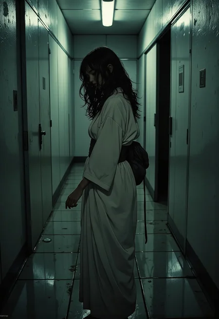 Japanese horror with a minimalist yet deeply unsettling aesthetic, inspired by classic J-horror cinematography. A muted color palette of pale whites, deep blacks, and desaturated blues, with stark lighting that creates an eerie contrast.
 A mid-shot from a slightly high angle, emphasizing an unsettling perspective a lone woman stands in the middle of a narrow, dimly lit hallway, her figure partially silhouetted against a faint, flickering light. The hallway stretches unnaturally long behind her, fading into an abyss of shadows.
She wears a simple, loose white yukata, the fabric slightly damp as if touched by morning mist. Her long, jet-black hair clings unnaturally to her shoulders, strands curling upward as if reaching. Her face is half-hidden behind her hair, but her mouth is visible lips slightly parted, revealing an unnatural stillness, as if frozen mid-whisper.
The hallway is unsettlingly clean, sterile even, yet something feels off the walls seem slightly warped, the proportions subtly wrong.