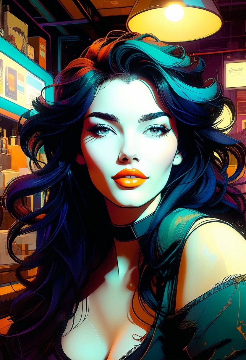 ((inkpunk cell-shaded style)), flirtatious female barista, pretty, ethnically ambiguous, cafe in the basement of a book shop, presumably paris france, cozy, setting aesthetic is cassette retrofuturism, fixl-art,