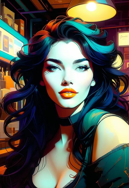 ((inkpunk cell-shaded style)), flirtatious female barista, pretty, ethnically ambiguous, cafe in the basement of a book shop, presumably paris france, cozy, setting aesthetic is cassette retrofuturism, fixl-art,