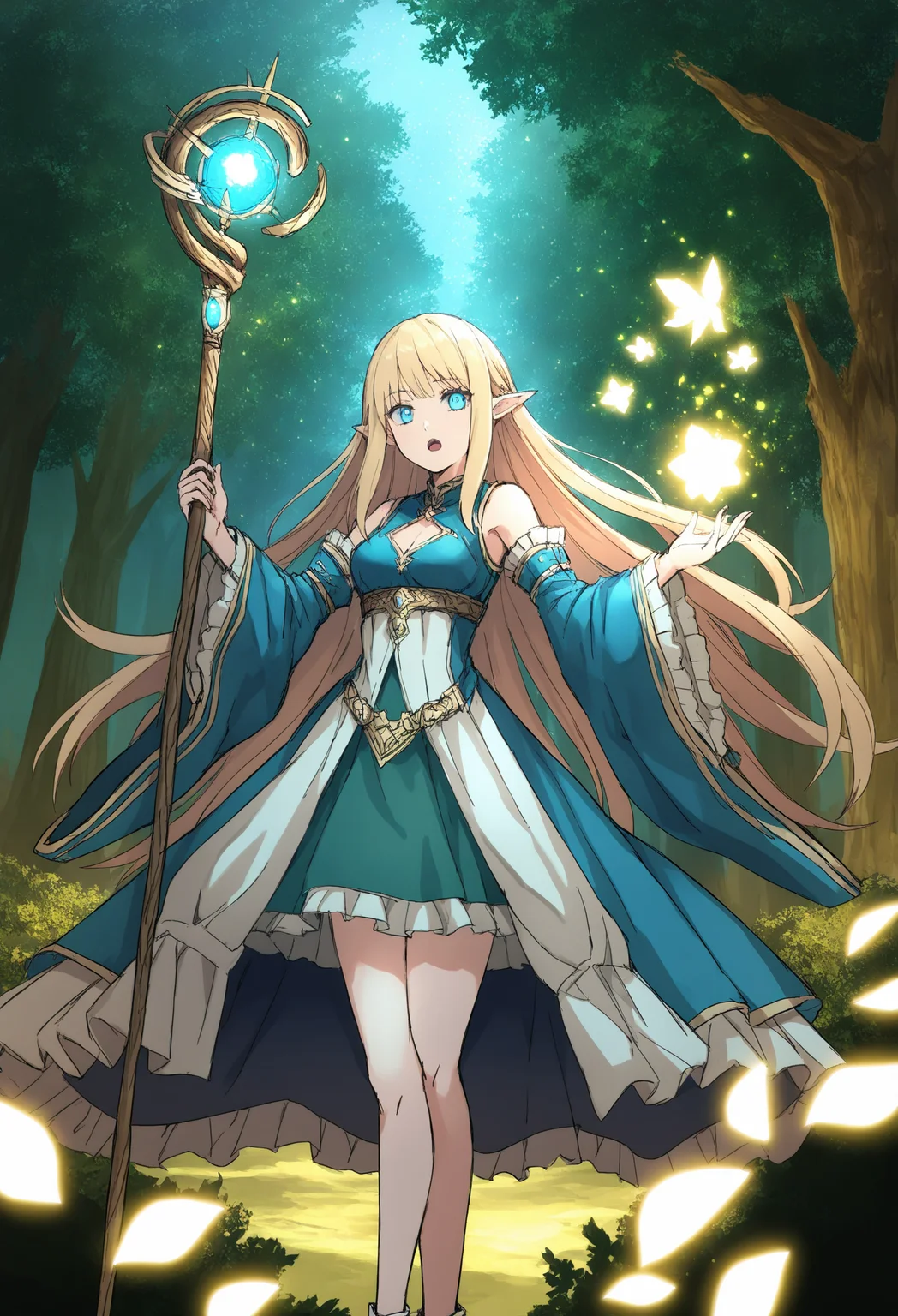 1girl,
tree, scenery, solo, nature, forest, fantasy, long hair, dress, outdoors, light particles, glowing, standing, magic
masterpiece, very long hair, floating object, elf, staff, floating, cleavage cutout, blonde hair, medium breasts, clothing cutout, holding staff, frills, pointy ears, detached sleeves, open mouth, looking at viewer, wide sleeve, glowing petals, sidelocks, holding, white legwear, blue eyes, bare shoulders, breasts,
.
best quality, very aesthetic, absurdres
<lora:hakuhiruoeoefornoob:0.95>