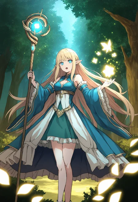 1girl, 
tree, scenery, solo, nature, forest, fantasy, long hair, dress, outdoors, light particles, glowing, standing, magic 
masterpiece, very long hair, floating object, elf, staff, floating, cleavage cutout, blonde hair, medium breasts, clothing cutout, holding staff, frills, pointy ears, detached sleeves, open mouth, looking at viewer, wide sleeve, glowing petals, sidelocks, holding, white legwear, blue eyes, bare shoulders, breasts,
.
best quality, very aesthetic, absurdres
 <lora:hakuhiruoeoefornoob:0.95>