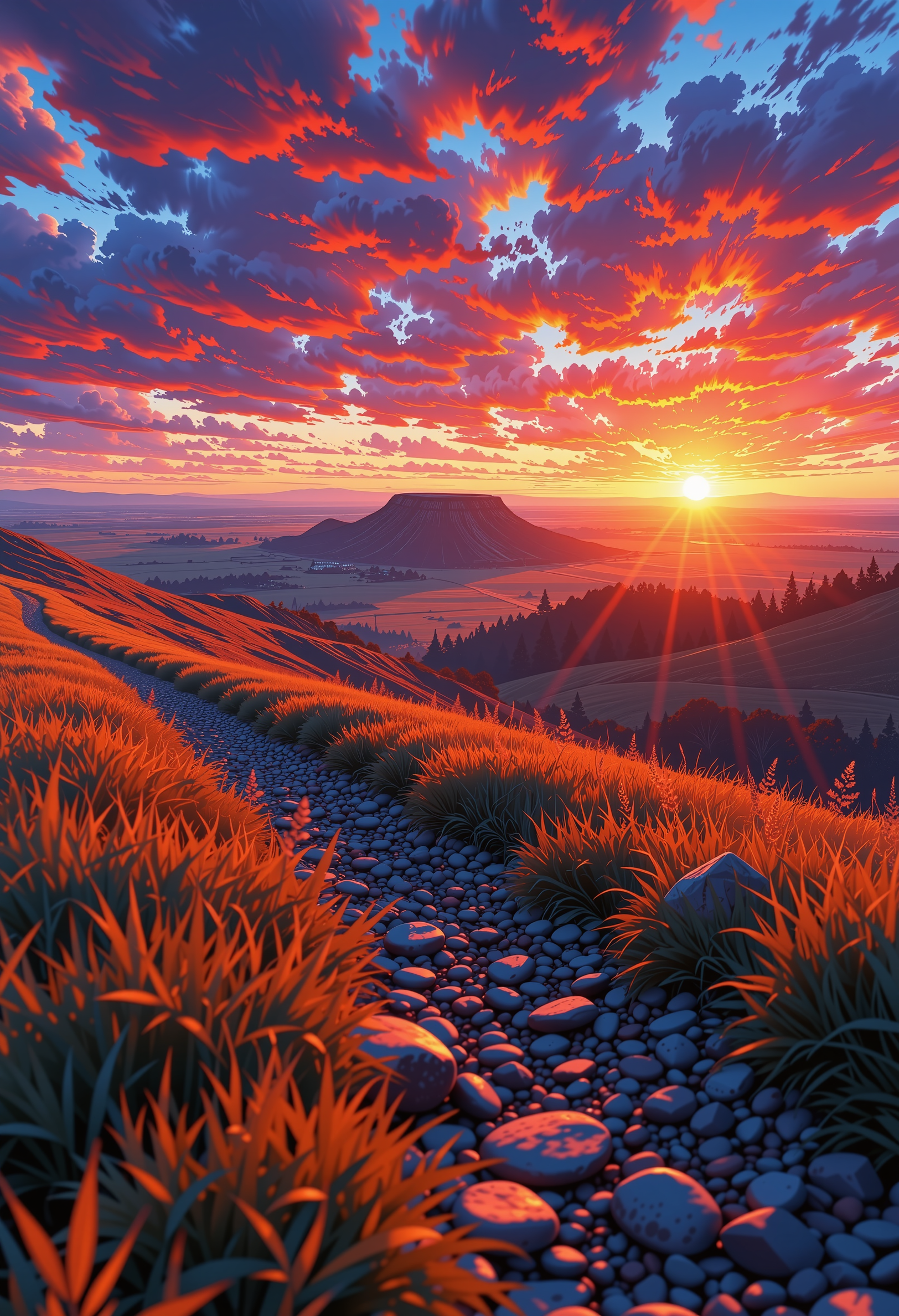 In the predawn hours, a vibrant sunrise illuminates the vast, sprawling prairie, casting a golden glow that dances across the landscape. the scene unfolds with a dramatic interplay of light and shadow. The horizon is a blazing tapestry of fiery reds, oranges, and yellows, set against the deep, cool tones of the night sky, which remains a haunting expanse of black and blue. The mist rising from the prairie adds an ethereal, almost magical quality to the scene, creating a delicate veil that softens the contours of the land. The focal shadow, cast by the plateau, cuts a sharp, diagonal line across the composition, enhancing the sense of depth and mystery. The gravel and scattered rocks, partially covered by tufts of golden grass, form a textured foreground, adding a sense of rough, natural beauty to the otherwise serene landscape. subtle luminous energy effects pepper the scene, casting dynamic highlights that interact with the mist and the shadows. The gravel, with its polished, smooth texture, glistens under the ethereal glow as it (curves away) into the lower left third of the scene, while the grass sways gently in the early morning breeze, creating a sense of movement and vitality. The high-contrast color palette, with its bold and vibrant hues, brings the scene to life, creating a powerful and otherworldly atmosphere. Every element, from the fiery sunrise to the dark, shadow-drenched areas, is meticulously detailed, with fine gradients and intricate textures that enhance the overall intensity and dynamic range. The result is a captivating and energetic landscape that feels both familiar and profoundly mystical, a testament to the beauty and power of nature., ultra-detailed, hyper-detailed, ambient lighting, volumetric lighting, (masterpiece), (Amazing quality), (phenomenal aesthetic), cinematic moment, 8K<lora:FLUX_Ghibsky_Illustrations.safetensors:0.8:1.0>