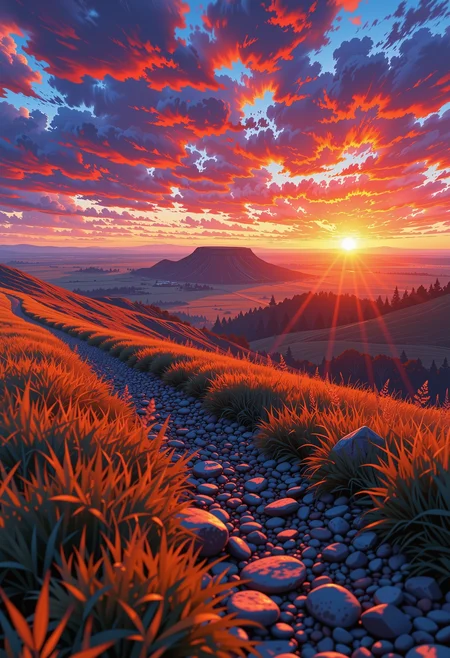 In the predawn hours, a vibrant sunrise illuminates the vast, sprawling prairie, casting a golden glow that dances across the landscape. the scene unfolds with a dramatic interplay of light and shadow. The horizon is a blazing tapestry of fiery reds, oranges, and yellows, set against the deep, cool tones of the night sky, which remains a haunting expanse of black and blue. The mist rising from the prairie adds an ethereal, almost magical quality to the scene, creating a delicate veil that softens the contours of the land. The focal shadow, cast by the plateau, cuts a sharp, diagonal line across the composition, enhancing the sense of depth and mystery. The gravel and scattered rocks, partially covered by tufts of golden grass, form a textured foreground, adding a sense of rough, natural beauty to the otherwise serene landscape. subtle luminous energy effects pepper the scene, casting dynamic highlights that interact with the mist and the shadows. The gravel, with its polished, smooth texture, glistens under the ethereal glow as it (curves away) into the lower left third of the scene, while the grass sways gently in the early morning breeze, creating a sense of movement and vitality. The high-contrast color palette, with its bold and vibrant hues, brings the scene to life, creating a powerful and otherworldly atmosphere. Every element, from the fiery sunrise to the dark, shadow-drenched areas, is meticulously detailed, with fine gradients and intricate textures that enhance the overall intensity and dynamic range. The result is a captivating and energetic landscape that feels both familiar and profoundly mystical, a testament to the beauty and power of nature., ultra-detailed, hyper-detailed, ambient lighting, volumetric lighting, (masterpiece), (Amazing quality), (phenomenal aesthetic), cinematic moment, 8K<lora:FLUX_Ghibsky_Illustrations.safetensors:0.8:1.0>