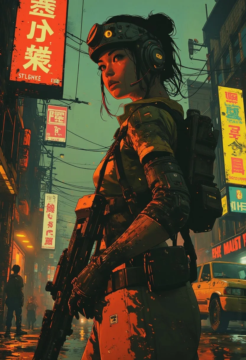 cyberpunk anime, stunning Japanese woman wearing red and black sci-fi power armour, headphones, dark eyeshadow, holding assault rifle on cyberpunk street at night, neon signs and advertising, bokeh, side lighting