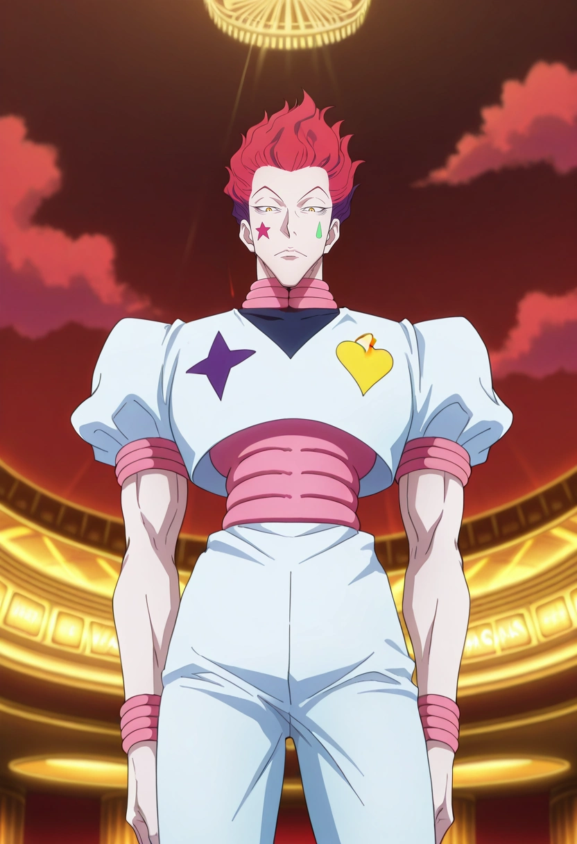 masterpiece, best quality, intricate details, anime screencap, anime coloring, official style, , 1boy, solo, male focus, <lora:hisoka_morow_ilxl:0.94>, hisoka_morow, red hair, yellow eyes, facial mark, star \(symbol\), wide angle, wide shot, cowboy shot, las vegas, casino, day, clouds, leaning back, expressionless,