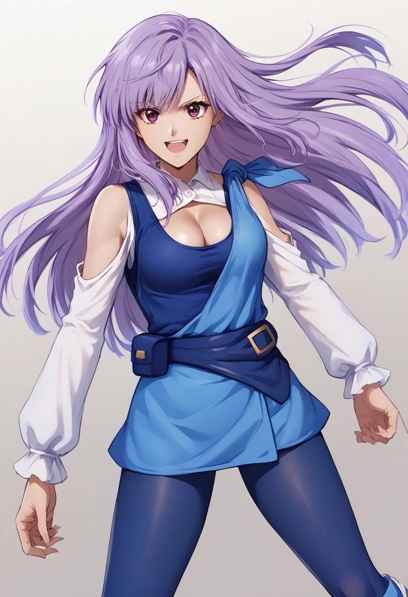 score_9, score_8_up, score_7_up, source_anime, good anatomy, 1girl, solo, RouxLouka, lavender hair,, long hair,brown eyes, blue tanktop, cleavage cutout, white sleeves, bare shoulder, light blue short dress, fanny pack, blue pantyhose, light blue legwarmers, white boots, fighting stance, open mouth, smiling