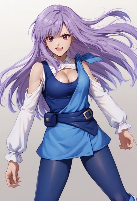 score_9, score_8_up, score_7_up, source_anime, good anatomy, 1girl, solo, RouxLouka, lavender hair,, long hair,brown eyes, blue tanktop, cleavage cutout, white sleeves, bare shoulder, light blue short dress, fanny pack, blue pantyhose, light blue legwarmers, white boots, fighting stance, open mouth, smiling