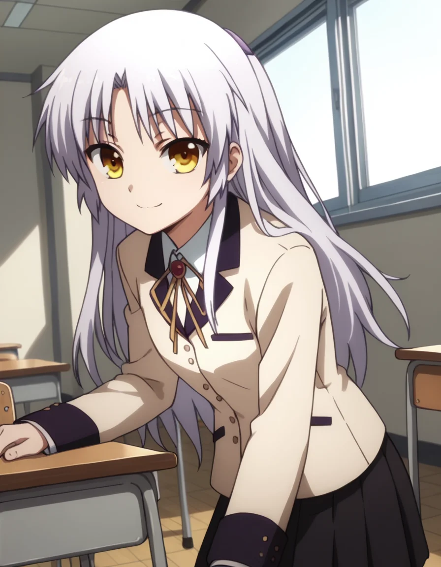 score_9, score_8_up, score_7_up, source_anime,
kanadetachibana, <lora:kanade-tachibana-s1-ponyxl-lora-nochekaiser:1>,
kanade tachibana, long hair, white hair, yellow eyes, 
skirt, school uniform, jacket, blazer, skirt, black skirt, pleated skirt, long sleeves,
indoors, classroom, bent over, smile,
looking at viewer, solo, cowboy shot, dutch angle,