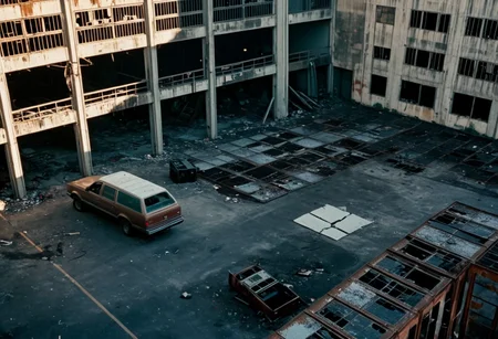 cinematic still photography, abandoned warehouse, industrial area, gritty atmosphere, worn concrete, rusted metal, broken windows, urban decay, cinematic framing, high-angle shot, wide lens, cinematography inspired by Dante Spinotti, direction inspired by Michael Mann, 1990s crime thriller vibe. Hollywood action movie film style,  <lora:Hollywood action movie film style:0.85>