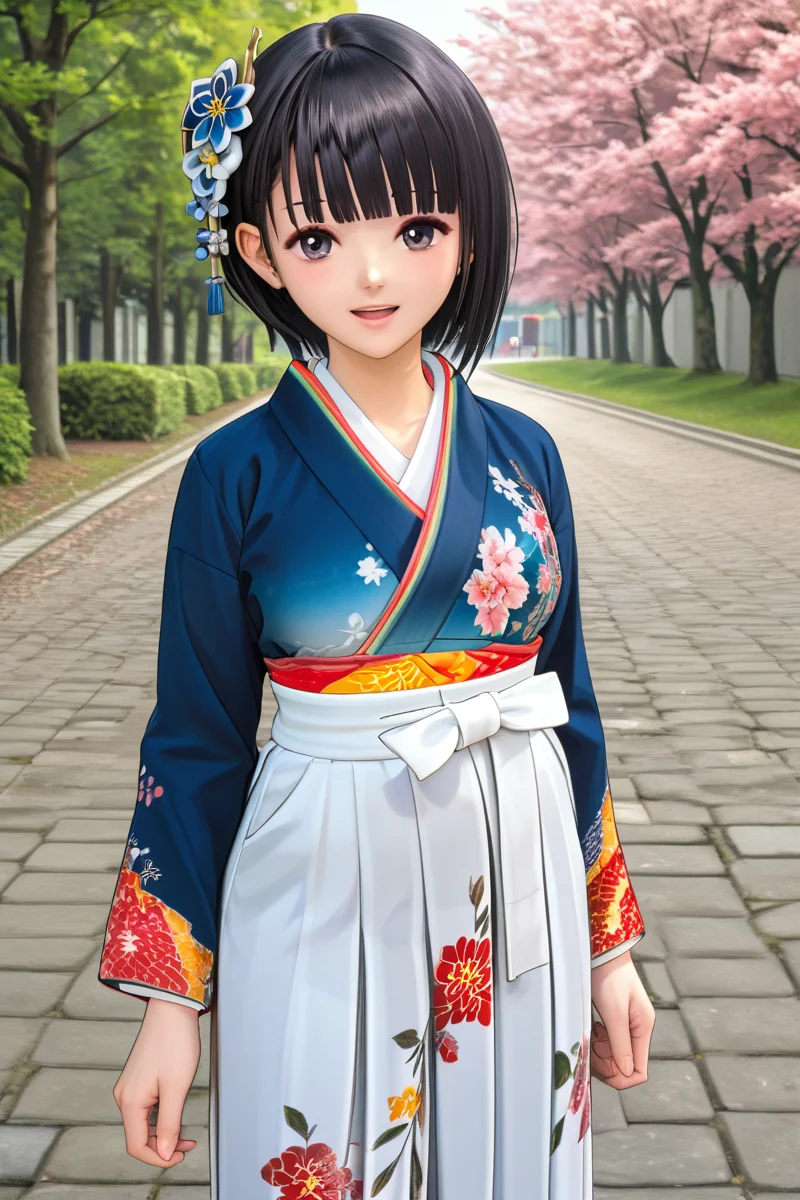 Shirai Hinako, japanese outfit,1girl, solo, looking at viewer, smile, short hair, bangs, skirt, black hair, hair ornament, long sleeves, standing, flower, pantyhose, boots, outdoors, japanese clothes, hair flower, blunt bangs, kimono, black eyes, floral print, hakama, hakama skirt, white hakama, blue kimono, photo background<lora:Shirai_Hinako_Blue_Reflection_Pony:1> anime color, seductive smile, (kishida mel), open mouth,