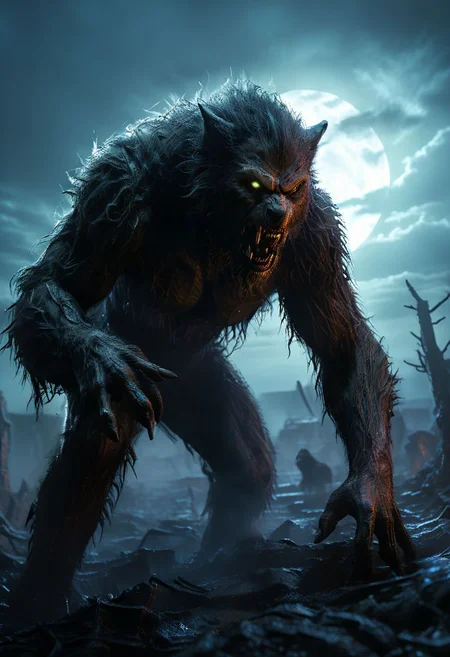Masterpiece, 32k, photorealistic:1.4, ((((SFW)))), score_9, score_8_up, score_7_up, Werewolf at night, Immerse yourself in a desolate post-apocalyptic worl,wandering through the desolated, barren land. Feel the overwhelming sense of loneliness and melancholy as you gaze into the distance. Utilize HDR and ray tracing to enhance the atmospheric lighting and capture the haunting beauty of the backdrop, KodakPhotoMaybe, Fallout, Cyberpunk, vltdr, werewolf