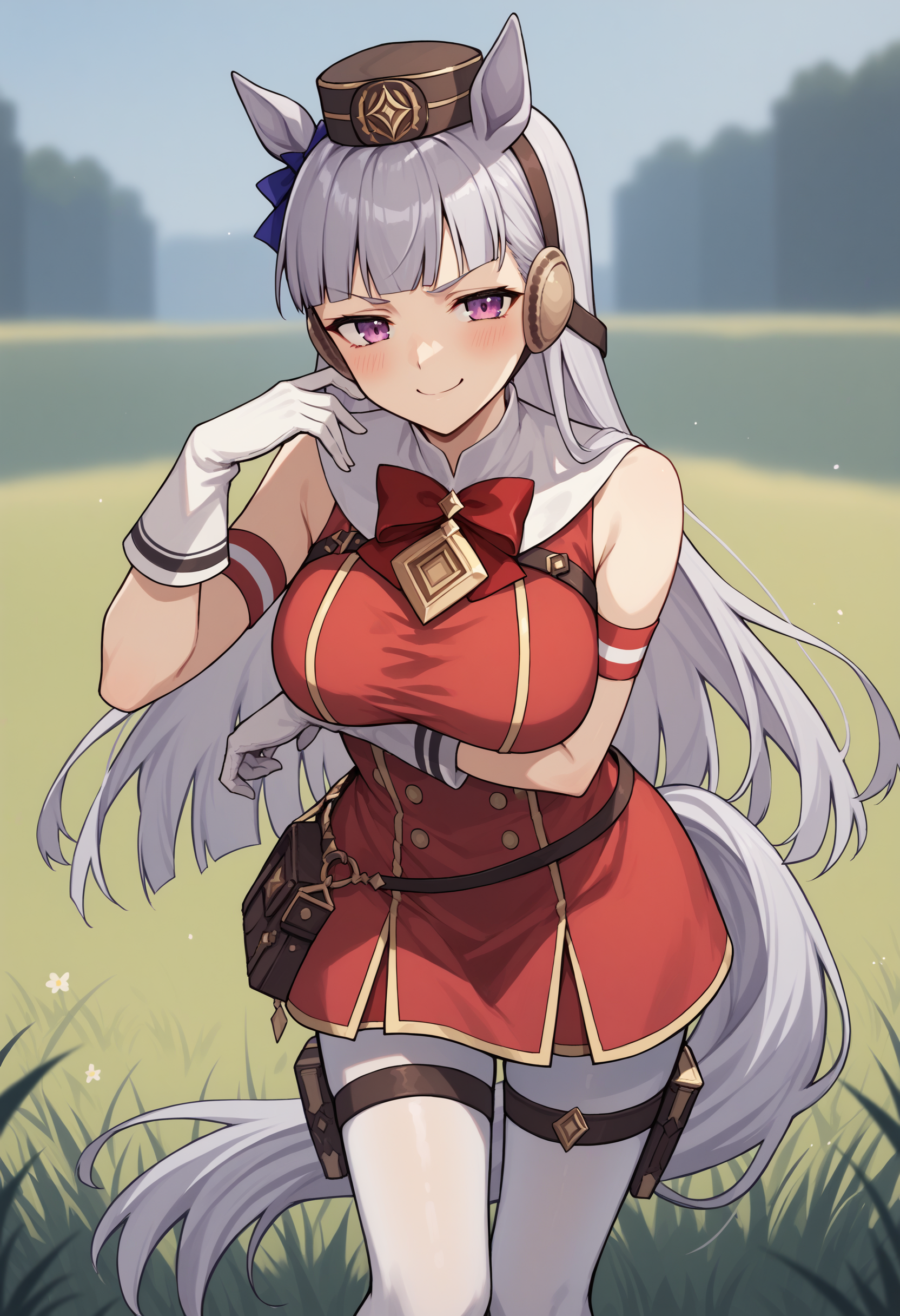 score_9, score_8_up, score_7_up, source_anime, gsdef, purple eyes, grey hair, horse ears, blunt bangs, long hair, pillbox hat, horse tail, red bow, armband, red dress, sleeveless dress, double-breasted, white gloves, white pantyhose, thigh strap, outdoors, grass, large breasts, cowboy shot, smug, smile, looking at viewer, pov, arm under breasts, blush, hand up<lora:GoldShipPDXLv6:1>