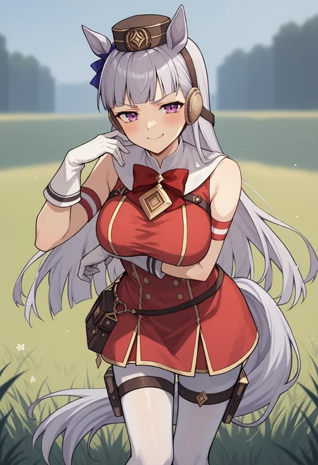 score_9, score_8_up, score_7_up, source_anime, gsdef, purple eyes, grey hair, horse ears, blunt bangs, long hair, pillbox hat, horse tail, red bow, armband, red dress, sleeveless dress, double-breasted, white gloves, white pantyhose, thigh strap, outdoors, grass, large breasts, cowboy shot, smug, smile, looking at viewer, pov, arm under breasts, blush, hand up<lora:GoldShipPDXLv6:1>