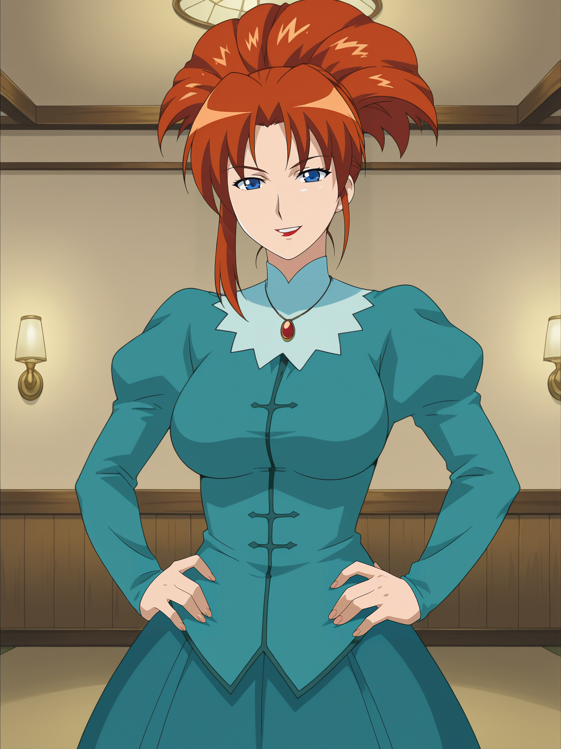 <lora:Marianne-The_Duchess_of_Busty_Mounds:0.7>,Marianne,1girl,solo,blue eyes,red hair,lipstick,ponytail,breasts,juliet sleeves,dress,cowboy shot,hands on own hips,looking at viewer,indoors,smile
