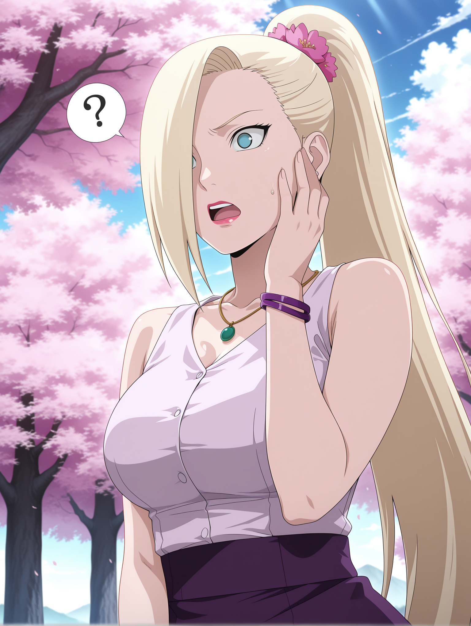 1girl, ino yamanaka, wedding outfit, ponytail, hair flower, confused, open mouth, shock, spoken question mark, hair over one eye, lipstick, pink shirt, purple apron skirt, emerald necklace, purple bracelet, shirt tucked in, standing, hand on own face, dramatic lighting, tree, cherry blossoms, cloud, sky, upper body, dramatic angle side, candid shot, <lora:ino_yamanaka_ixl_rc1-000006:1>, masterpiece,best quality,amazing quality,
