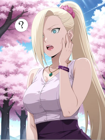 1girl, ino yamanaka, wedding outfit, ponytail, hair flower, confused, open mouth, shock, spoken question mark, hair over one eye, lipstick, pink shirt, purple apron skirt, emerald necklace, purple bracelet, shirt tucked in, standing, hand on own face, dramatic lighting, tree, cherry blossoms, cloud, sky, upper body, dramatic angle side, candid shot, <lora:ino_yamanaka_ixl_rc1-000006:1>, masterpiece,best quality,amazing quality,