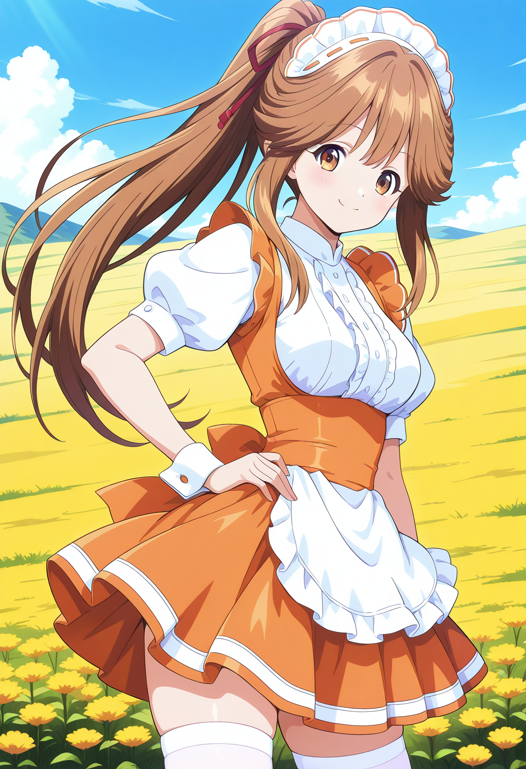 kawai_iyona, brown eyes, brown hair, long hair, headdress, waitress, white shirt, orange skirt, thighhighs, zettai ryouiki, <lora:kawai_iyona_illustrious_ver1:0.8>
smile,, 1girl, solo, (field:1.2), (blue sky:1.2), looking at viewer,, masterpiece, best quality, general,, (cowboy shot, dynamic pose:1.4),