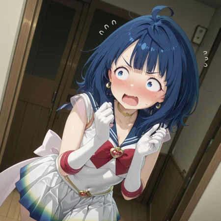 masterpiece,extremely detailed,best quality,amazing quality,newest,absurdres,highres, 1girl, solo, yanami anna, medium hair, blue hair, ahoge, bssmsup3r0utfit, sailor senshi uniform, crescent earrings, blue sailor collar, red bowtie, white elbow gloves, (yellow heartchoker:1.1), heartbrooch, huge white back bow, pleated skirt, multicolored miniskirt, open_mouth, open_hands, hands_up, flustered, sweat_drop, (Skirt fluttering:1.1), BREAK dynamic_angle,cinematic angle