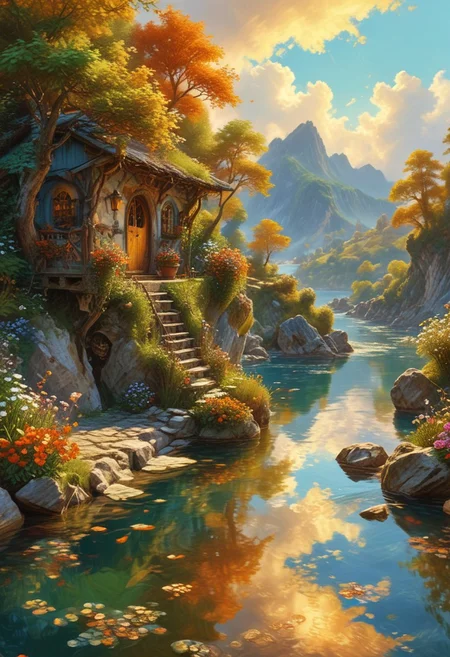 Elves homes from Lord of the rings book, cozy, warm, magical, alluring, hazel-eyes, bright, OverallDetail, Magical beautiful background, fantasy, wild, hyper-detailed hyper-maximalist, dynamic. A crystal-clear river meanders lazily through the valley, its sparkling waters reflecting the blue sky above. The horizon is dotted with puffy white clouds, casting soft shadows across the landscape. The air is filled with the sweet scent of flowers and the song of birds, creating a harmonious symphony of nature. A warm golden glow bathes the entire scene, painting everything in warm hues, as the setting sun slowly dips below the horizon, signalling the end of another day in this idyllic natural landscape.