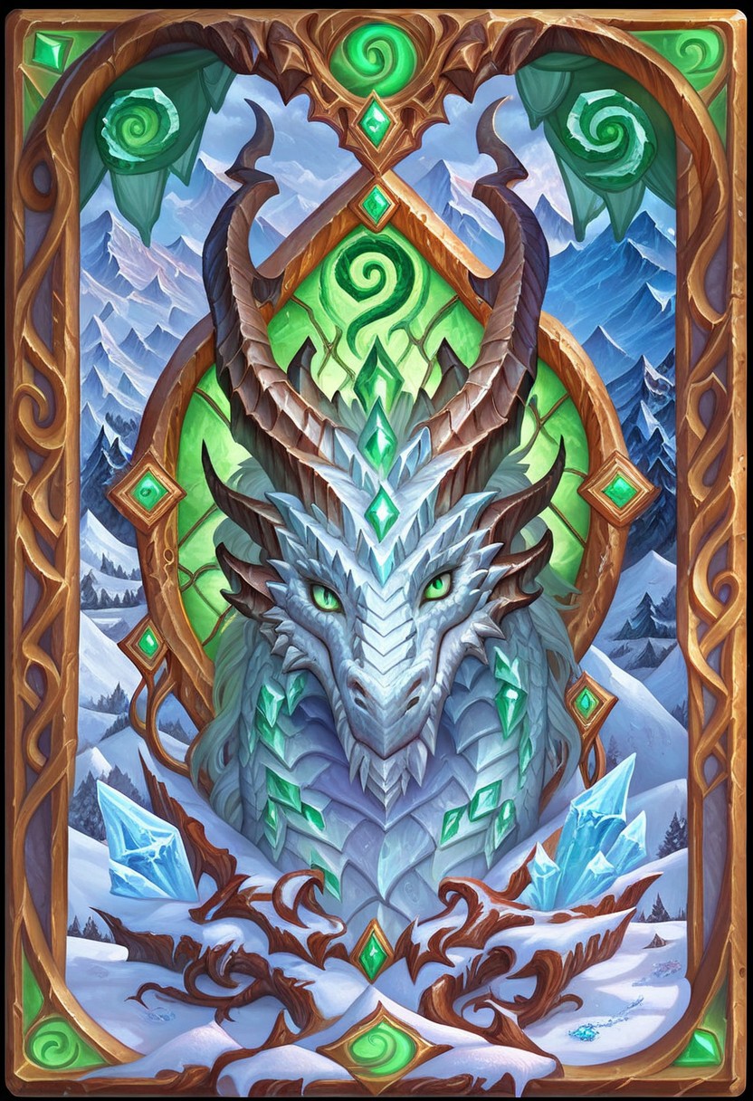 Card, Tarot, graphic border, Illustrative, Dark, angelic, porcelain, white dragon head, detailed, horns,ice crystals, bright background, green eyes, snow, mountain,
score_9, score_8_up, score_7_up,