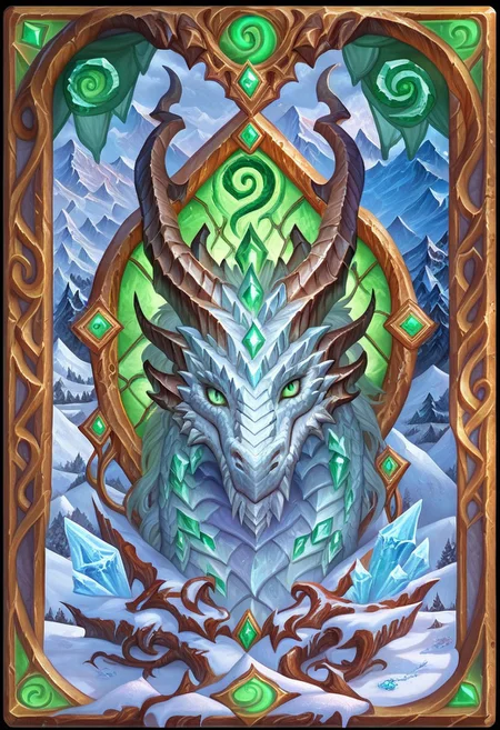 Card, Tarot, graphic border, Illustrative, Dark, angelic, porcelain, white dragon head, detailed, horns,ice crystals, bright background, green eyes, snow, mountain,
score_9, score_8_up, score_7_up,
