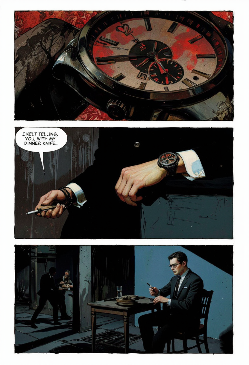 A digital comic strip divided into three panels. The first panel shows a close-up of a wristwatch with a black face and red hands, set against a dark, textured background. The second panel is a detailed close-up of a man's hand, wearing a black wristwatch with a red face, set against a dark, gritty background. The third panel features a man in a dark suit and glasses, seated at a table with a dark surface. His expression is serious, and he is holding a cigarette. The background is a dimly lit, industrial space with a metal vent beneath the table. A speech bubble above the man's head reads, "I kept telling you, with my dinner knife." The overall style of the comic is dark and gritty, with a focus on shadows and intense colors, particularly red and black, contributing to a dramatic and ominous atmosphere. The artwork uses a mix of realistic and stylized elements, blending elements of noir and contemporary graphic design. The comic strip evokes a sense of tension and intrigue, with a hint of menace. <lora:Comic_book_opus_IV:0.2>
