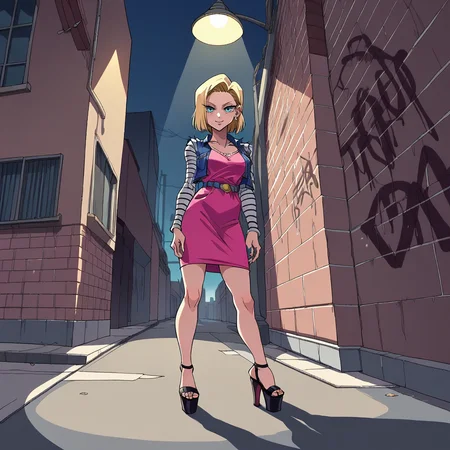 score_9, score_8_up, score_7_up, score_6_up, score_5_up, score_4_up, zPDXL2,source_anime,rating_questionable,1girl,solo, smile, cowboy shot, looking at viewer, high angle shot, pink bodycon dress, fishnet, platform heels, graffiti, cigarette Android 18 , urban, ghetto, alleyway, <lora:streetlight:0.8> str33tl1ght,below lamppost, spotlight, outdoors, night