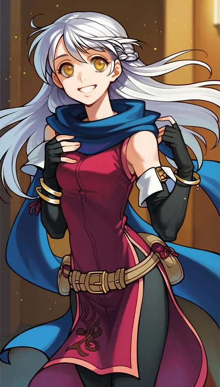 score_9,score_8_up,score_7_up,
highres,highly detailed,
<lora:micaiah>,
micaiahfe,
1girl,solo,
white hair,long hair,bangs,
yellow eyes,looking at viewer,smile,
blue scarf,purple sleeveless tunic,black detached sleeves,gold bracelet,red ribbon,brown leather belt,belt pouch,
black pantyhose,
from above,face focus,look up,hand on chest,
blurry background,indoors,night,courtyard,(bloom:1.1),(light particles:1.1),