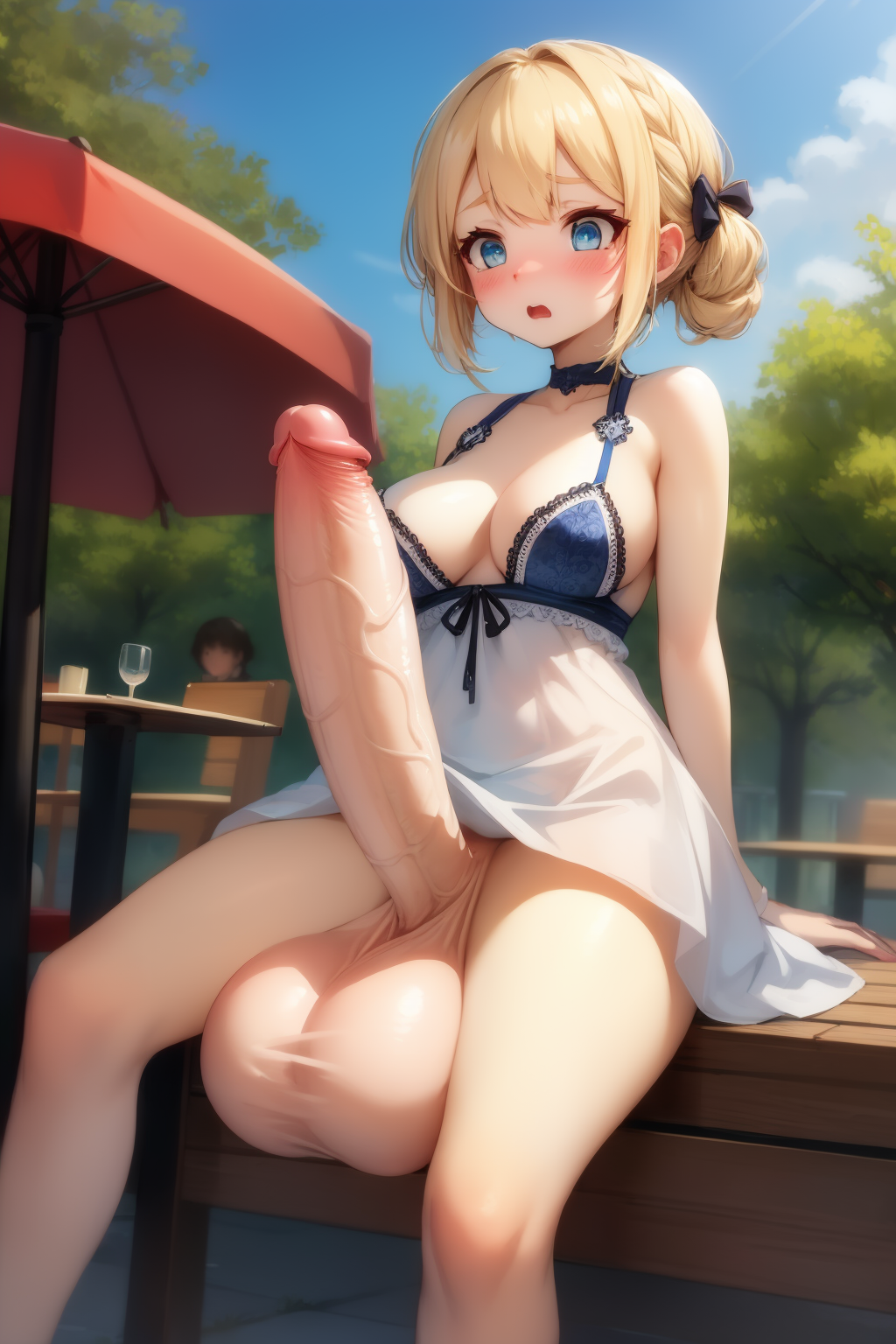masterpiece, best quality, highest quality, highly detailed,
beautiful, intricate details, absurdres, 
1girl, solo, blonde hair, blue eyes, 
white dress, 
medium breasts, blush, (surprised:1.2), 
futanari, veiny penis, (huge penis:1.1), large testicles,
no panties, 
BREAK
outdoors, restaurant, public indecency, 
BREAK
from below, 
BREAK
<lyco:FutaVeinyImproved_v6-12_lokr_prodigy_alpha-000022:1.0>