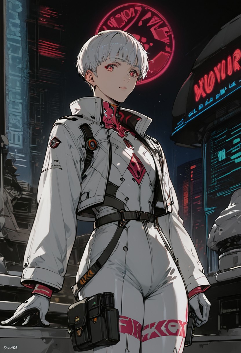 core_9, score_8_up, score_7_up, score_6_up, score_5_up, score_4_up,1 boy, short hair, 18 years old, albino, white hair, neon pink eyes, pale skin, golden collar, fitness boy, Diamond pattern, lightweight padded jacket, long sleeve, cropped padded jacket, coat, puffer and packable coats, tactical jacket, cyberpunk jacket, tacticalgear, Fashionable style, long sleeves, white bodysuit, latex bodysuit, eva 01 plug suit, white gloves, pistols holstered on their thighs, shiny clothes, science fiction, standing, artist name, cowboy shot, looking at viewer, low angle, background room, spaceship cabin, neon lights, <lora:Yoji-000014:0.85>, score_8_up, score_7_up, score_6_up, score_9, score_8_up, score_7_up, score_6_up.