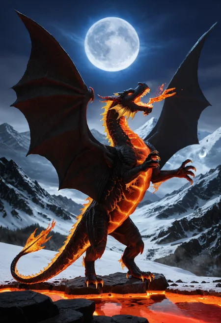 score_9, score_8_up, score_7_up, BREAK,
heroes2, realistic, lava dragon, wings, glowing, inner glow, cracked lava body, standing, rearing, wings up, black scales, glowing horns, winter, mountains, outdoors, detailed background, full body, wings, solo, subsurface scattering, detailed, from front, full moon, night, dark, roar, night sky, stars, volcano, detailed background,
<lora:HoMMv6_S98:1>,