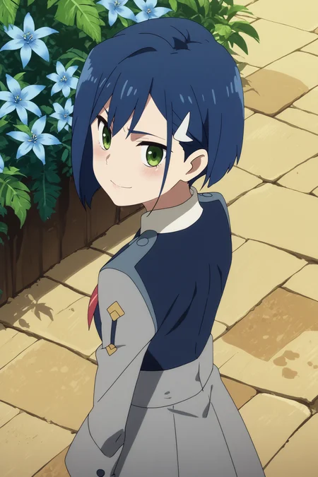 ichigo,1girl,solo,short hair,uniform,military_uniform,military,hair ornament,hairclip,looking at viewer,light smile,looking_back, from_behind,from_above BREAK outdoors,blue sky,cloudy_sky,blue flower,blue theme,tree with blue flowers <lora:Ichigo_-_Darling_in_the_franxx.safetensors:0.8> <lora:detailed_backgrounds_v2.safetensors:0.5>