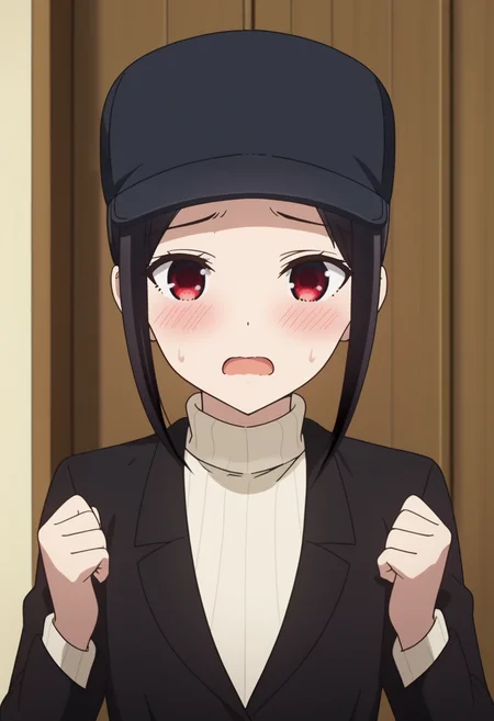 source_anime,anime screencap, anime coloring,intricate details,rating_explicit, masterpiece, best quality,
(best quality, absurd res, ultra detailed),,(4 finger:0.5),1girl, ((solo)), good eyes,perfect eyes,,detailed eyes, zPDXLxxx , zPDXL3,detailed, detailed face
BREAK
solo,indoors,standing,upper body,front view,
kaguya, 1girl, , black hair, black jacket, turtleneck sweater, long sleeves, hat,
shy, blush, wavy_mouth, open mouth, sweatdrop, jitome,
, <lora:add-detail-xl:2> <lora:kaguya_stalker:0.8>