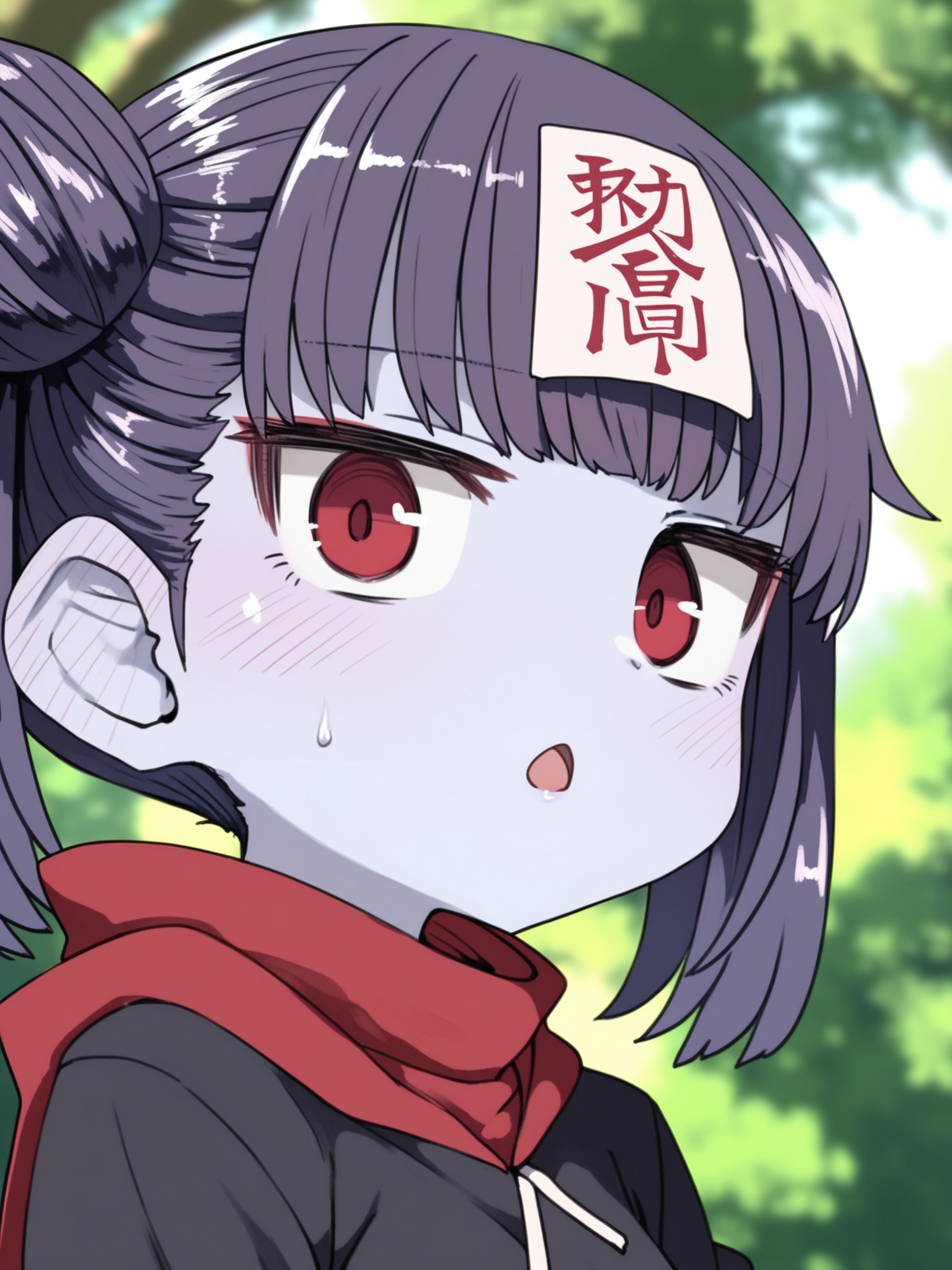 <lora:happy_tentacle-sumisifu-v0.4-000004:1>, ht_sumisifu, colored skin, blue skin, purple hair, red eyes, ofuda , angry, open mouth, outdoors, dawn cowboy shot, 1girl, (petite:1.2), solo focus, (looking at viewer:1.1), , (depth of field:0.8), , score_9, score_8_up, score_7_up, score_6_up, score_5_up, score_4_up