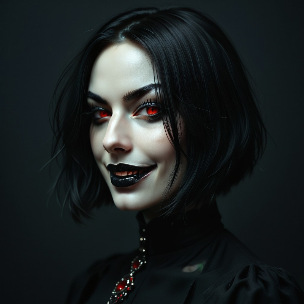 portrait of girl, purple and black hair, bob haircut, black background, black lipstick, vampire girl, dark makeup, long eyelashes, high contrast, vibrant color palette, red eyes, black clothes, detailed face, sharp details, realistic digital painting, evil grin