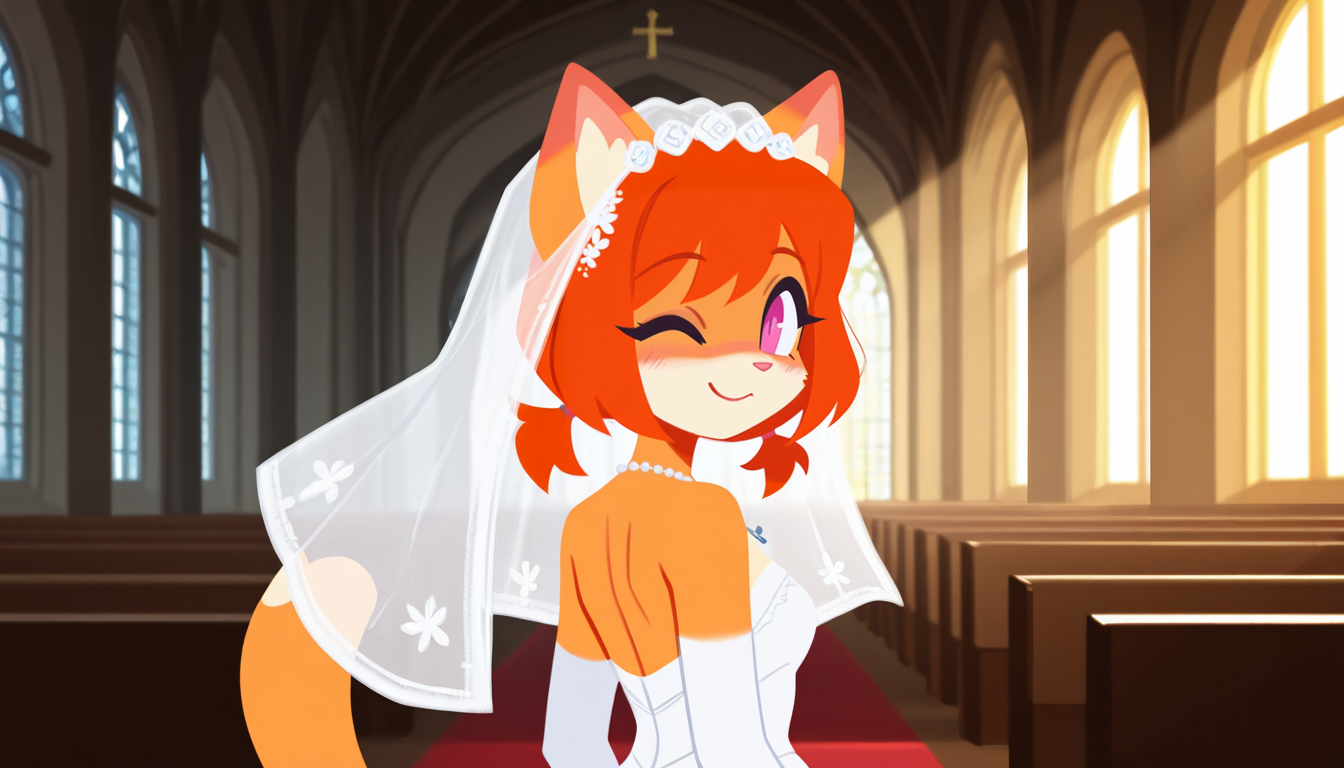 1girl, solo, anthro cat, furry, pink eyes, orange fur, orange hair, short hair, low twintails, tail, white wedding dress, bridal veil, necklace, looking back, standing, upper body, one eye closed, smile, closed mouth, pov, looking at viewer, sunny, sunlight, day, light rays, church, indoors, <lora:BrushlineStyle_IllustXL:1>, flat color,