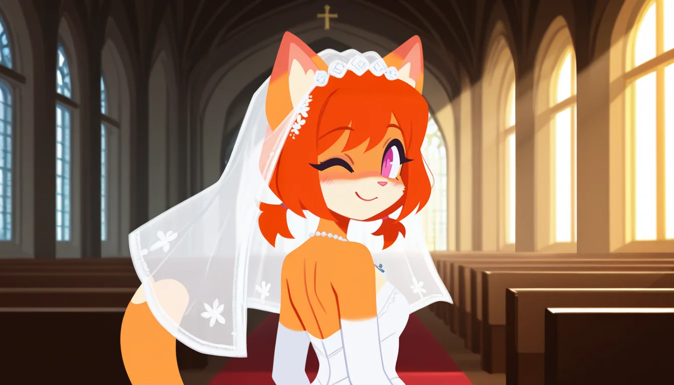 1girl, solo, anthro cat, furry, pink eyes, orange fur, orange hair, short hair, low twintails, tail, white wedding dress, bridal veil, necklace, looking back, standing, upper body, one eye closed, smile, closed mouth, pov, looking at viewer, sunny, sunlight, day, light rays, church, indoors, <lora:BrushlineStyle_IllustXL:1>, flat color,
