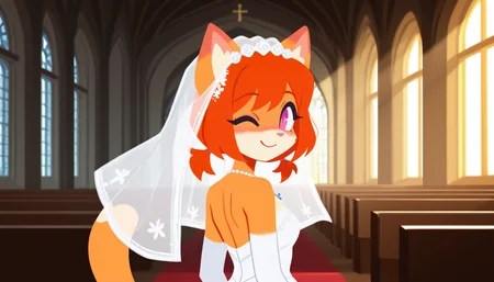 1girl, solo, anthro cat, furry, pink eyes, orange fur, orange hair, short hair, low twintails, tail, white wedding dress, bridal veil, necklace, looking back, standing, upper body, one eye closed, smile, closed mouth, pov, looking at viewer, sunny, sunlight, day, light rays, church, indoors, <lora:BrushlineStyle_IllustXL:1>, flat color,