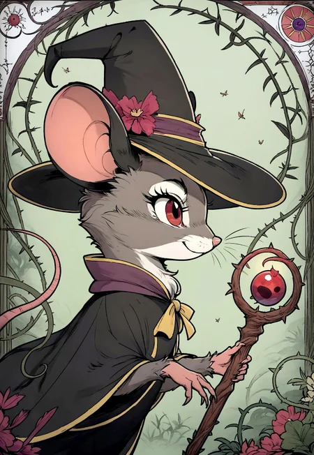 score_9, score_8_up, score_7_up, score_6_up, score_5_up, score_4_up, (solo), (fluffy:0.8), (feral), furry, (((mouse))), female, red eyes, grey fur, (black ears), claws, (fluffy cheeks:0.4), (short black dress, witch hat), cute, in the style of beatrix potter, flat color, (side view, upper body shot:1.5), (holding magic staff), (art nouveau:1.3), thorns, vines, nature, detailed background, complex background, swamp