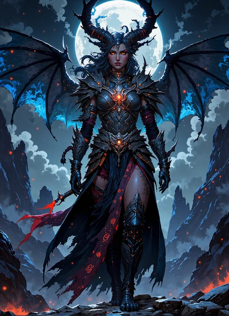 VibrantlySharp style,
animeniji,
3pic_vist4, A female dragonborn sentinel clad in ancient obsidian armor carved from her own scales, with a ceremonial wrap lined in glowing red runes flowing from her waist, towering under a broken moon, blue embers curling off her horned crown, her golden eyes glowing softly through the shadows of a craggy battlefield.