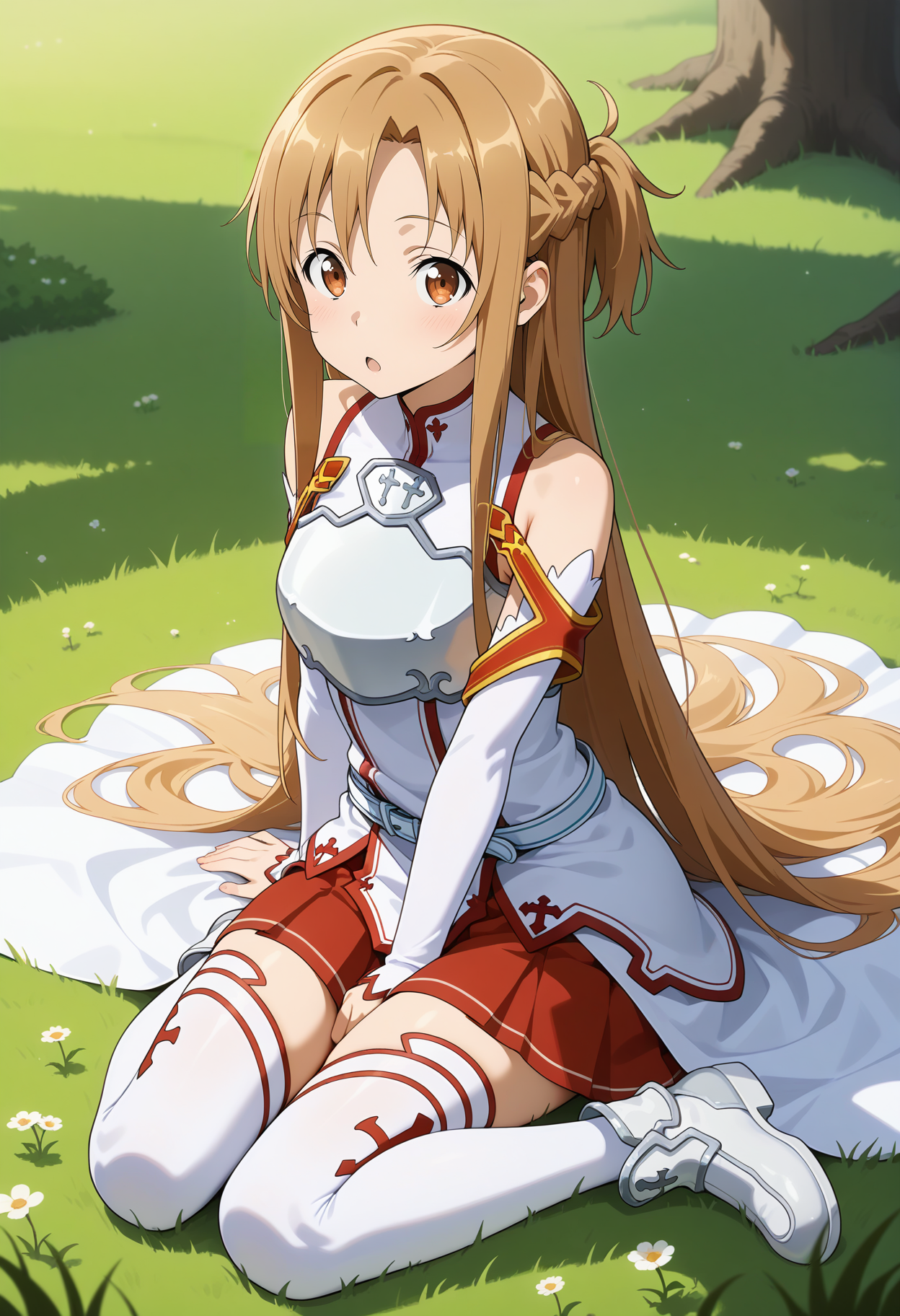 best quality, good quality, amazing quality, very aesthetic, absurdres, masterpiece, 1girl, aaasuna, long hair, brown hair, braid, brown eyes, breastplate, bare shoulders, white dress, detached sleeves, white sleeves, white belt, pleated skirt, red skirt, white thighhighs, <lora:yuuki_asuna_ilxl_v1:0.9>, grass, field, wariza, :o, white footwear,