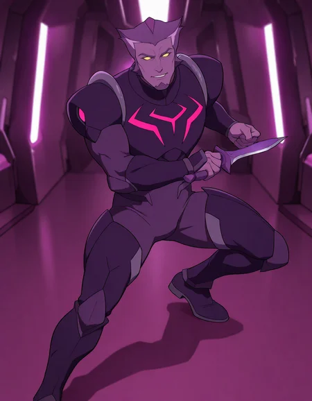 masterpiece, best quality, newest, detailed background, intricate details, male focus, realistic, solo, <lora:VLD - Thace - Illustrious-000007:0.8>,  vld_thace, 1boy, very short hair, multicolored hair, purple body fur, yellow eyes, glowing eyes, solid eyes, no pupils, no ears, goatee, body suit, breastplate, shoulder armor, arm guards, spacecraft interior, gritting teeth, looking at viewer, head tilt. leg guards, boots, holding purple dagger, fighting stance, swinging dagger