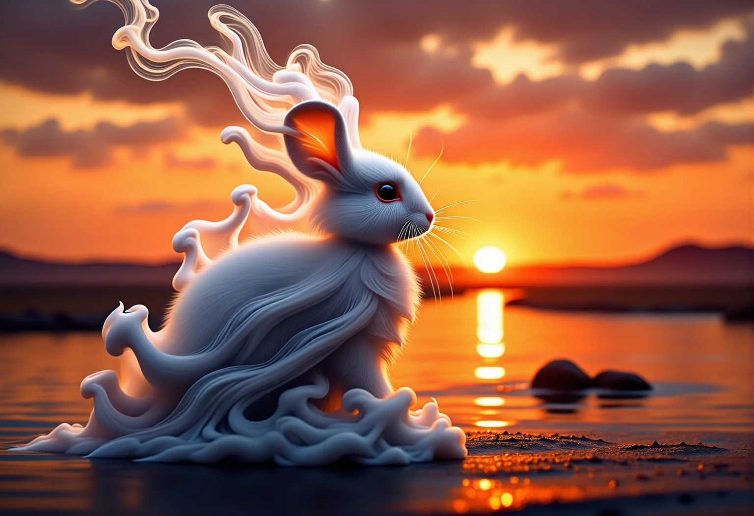 bv-smowormor. An animal like a rabbit, with parts of its form transitioning into smoke, as if dissolving into the air, set against a breathtaking desert landscape under a vibrant sunset, with the smoke mixing with the warm hues The scene is captured with a close-up, emphasizing the delicate transitions from solid form to smoke, capturing the ethereal details of both the tangible and intangible elements. The lighting is designed to use dramatic backlighting to create silhouettes, with smoke flowing outwards in delicate trails. The scene features reflective surfaces, like water or glass, that enhance the transformation by bouncing light off the smoke, amplifying its surreal quality. The style is a photorealistic depiction, capturing the beauty of partially transformed forms and glowing smoky accents. , <lora:bv-smoke-world-morph-1-0.safetensors:1.0:1.0>