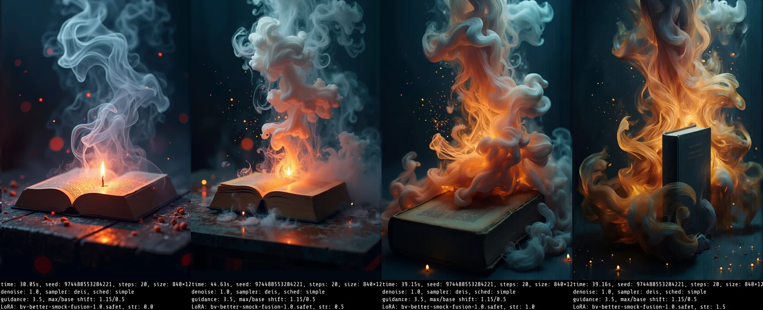 bv-smowormor. An ordinary object, such as a book, partially dissolving into smoky spirals, the solid structure gradually fading into smoke, with the transformation gently mixing with the flickering candlelight, creating a mysterious atmosphere) The scene is captured with a wide-angle shot, showcasing the grandeur of the scene, with the interplay of vibrant colors and smoky trails blending into the environment. The lighting is designed to create an enchanting, dreamlike glow with soft, diffused highlights accentuating the smoke transitions. The scene features glowing particles or embers floating gently in the air, mixing with the smoke to add a sense of fantasy and dynamism. The style is inspired by surrealism, using contrasting colors and sharp highlights to enhance the dreamlike quality of the smoke transformation.