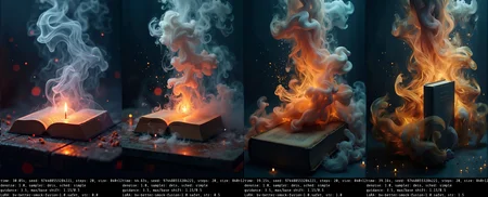 bv-smowormor. An ordinary object, such as a book, partially dissolving into smoky spirals, the solid structure gradually fading into smoke, with the transformation gently mixing with the flickering candlelight, creating a mysterious atmosphere) The scene is captured with a wide-angle shot, showcasing the grandeur of the scene, with the interplay of vibrant colors and smoky trails blending into the environment. The lighting is designed to create an enchanting, dreamlike glow with soft, diffused highlights accentuating the smoke transitions. The scene features glowing particles or embers floating gently in the air, mixing with the smoke to add a sense of fantasy and dynamism. The style is inspired by surrealism, using contrasting colors and sharp highlights to enhance the dreamlike quality of the smoke transformation.