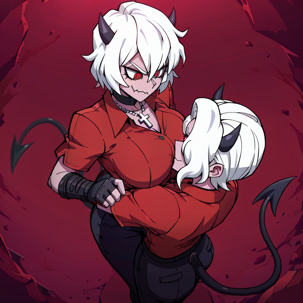 masterpiece, best quality, newest, absurdres, highres, anime, anime style, BHS-V1.0, bear hug, 
1girl, zdrada \(helltaker\), demon girl, short hair, white hair, horns, demon tail, cross, cross necklace, demon horns, necklace, red eyes, red shirt,
1girl, malina \(helltaker\), demon girl, short hair, white hair, horns, demon tail,